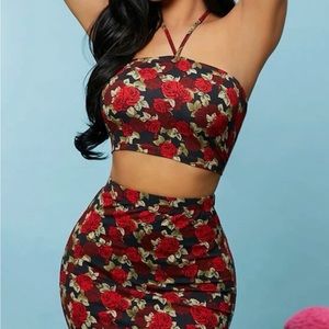 COPY - Red Floral Halter Top Skirt Set